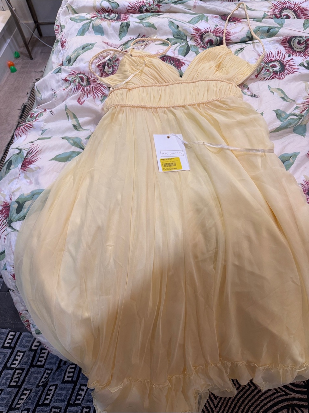 Mac Duggal Pale Yellow Backless Chiffon Spaghetti-Strap Dress